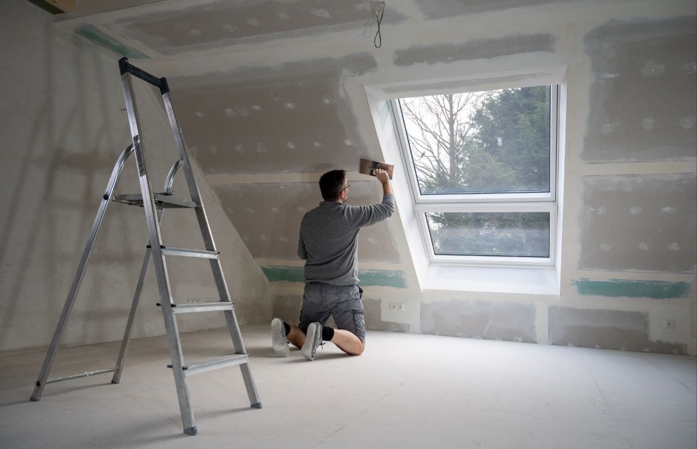 Plasterer preparing an interior wall.
